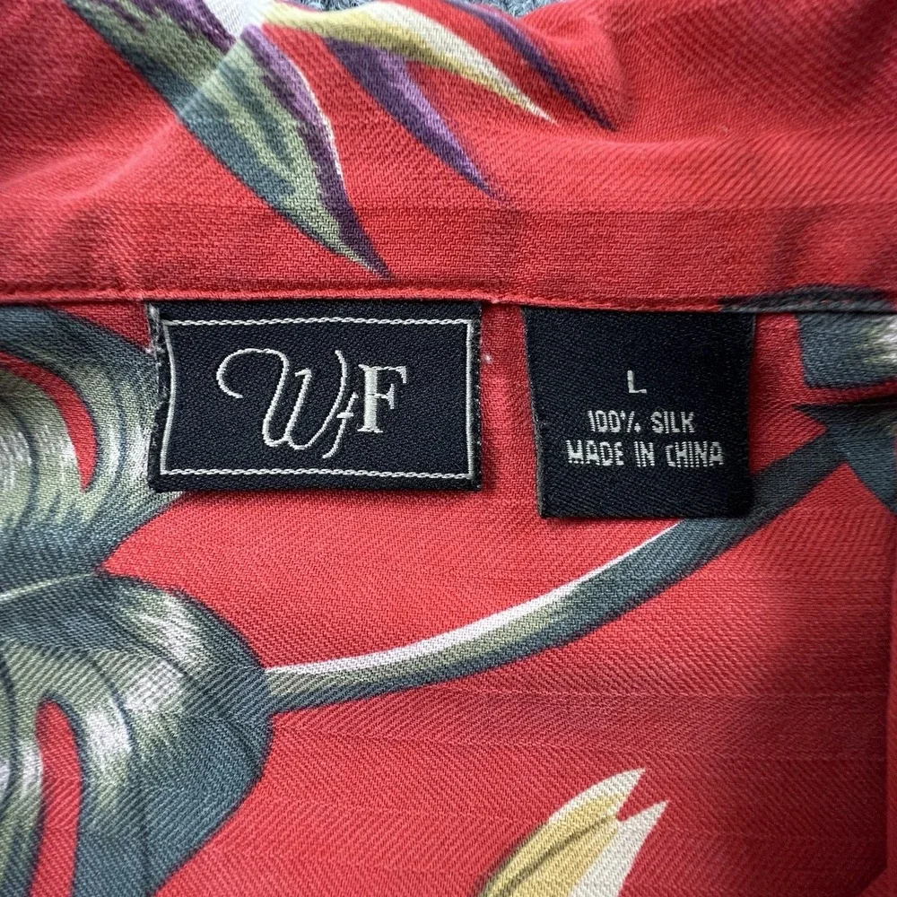 WF 100%‎ Silk Hawaiian Camp Shirt Mens L Red Tropical Leaf Print Short Sleeve